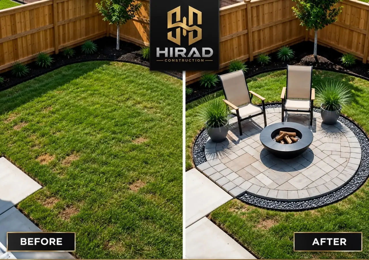 Before and after: a fenced lawn, then a circular paver patio with a fire pit, chairs and planting