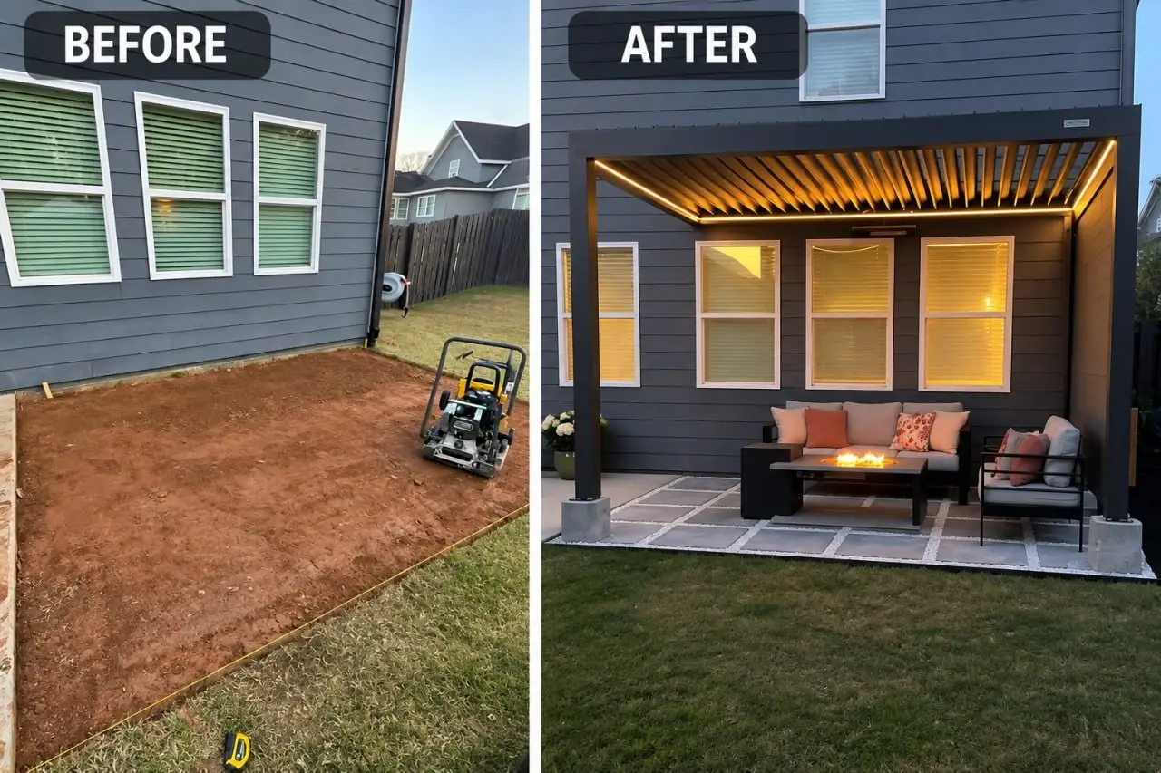 Before and after: bare graded soil beside a grey-sided house, then a paver patio with a lit pergola and outdoor seating