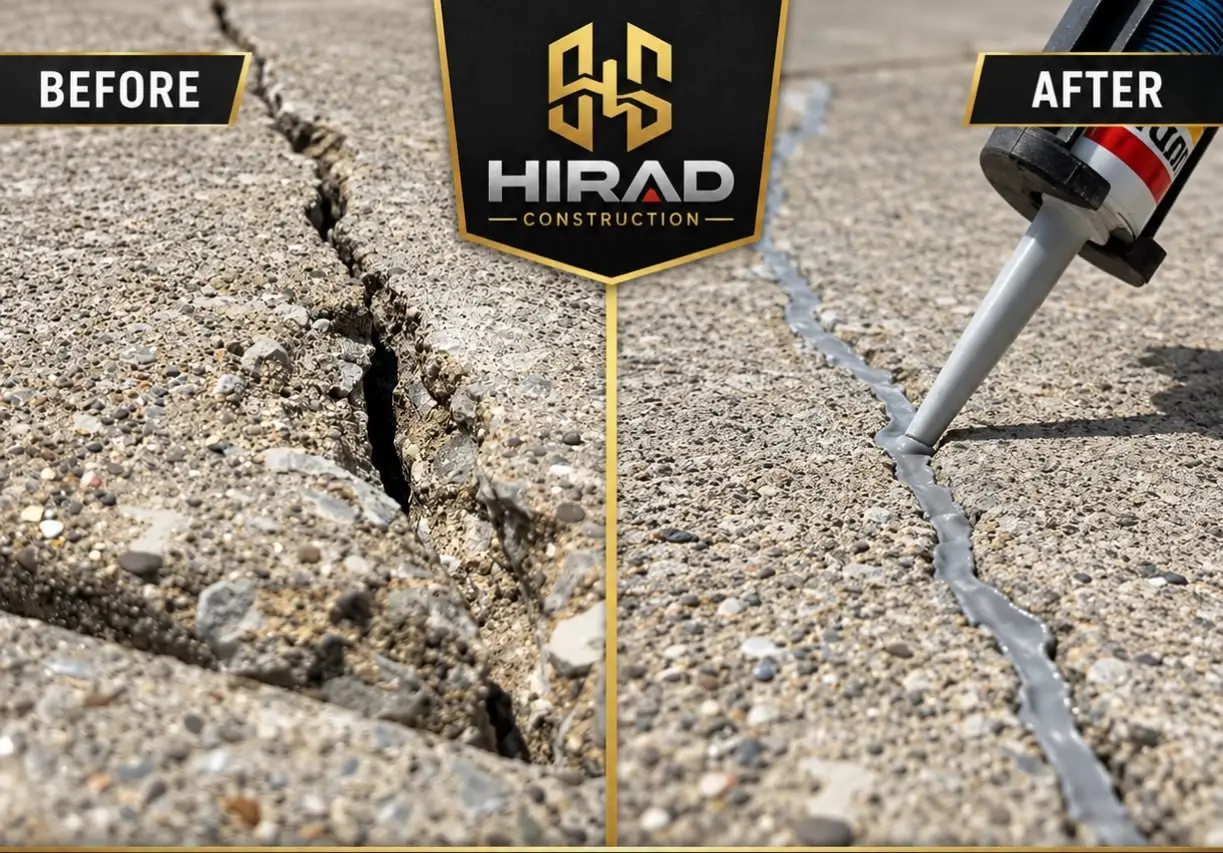 Before and after: a wide crack in a concrete slab, then the same crack filled and sealed