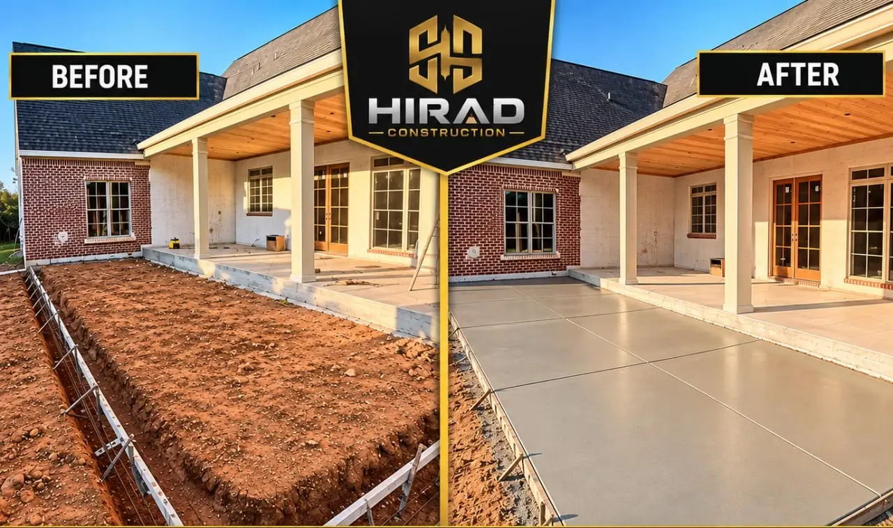 Before and after: an excavated area with forms beside a covered porch, then a finished concrete patio