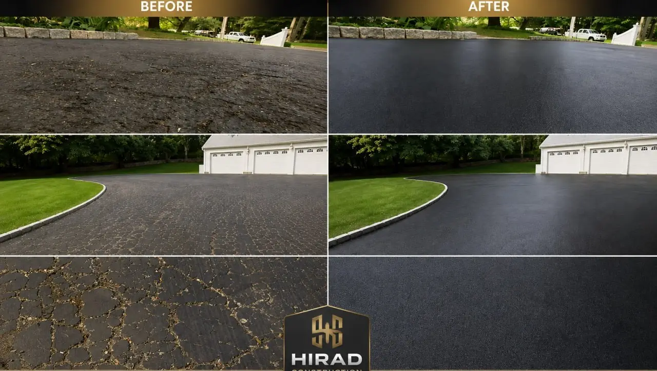 Before and after views of a driveway restoration: cracked, worn asphalt on the left and a resurfaced, sealed driveway on the right