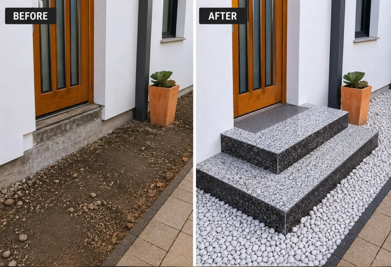 Before and after: bare soil at a front door, then two granite entry steps surrounded by white stones