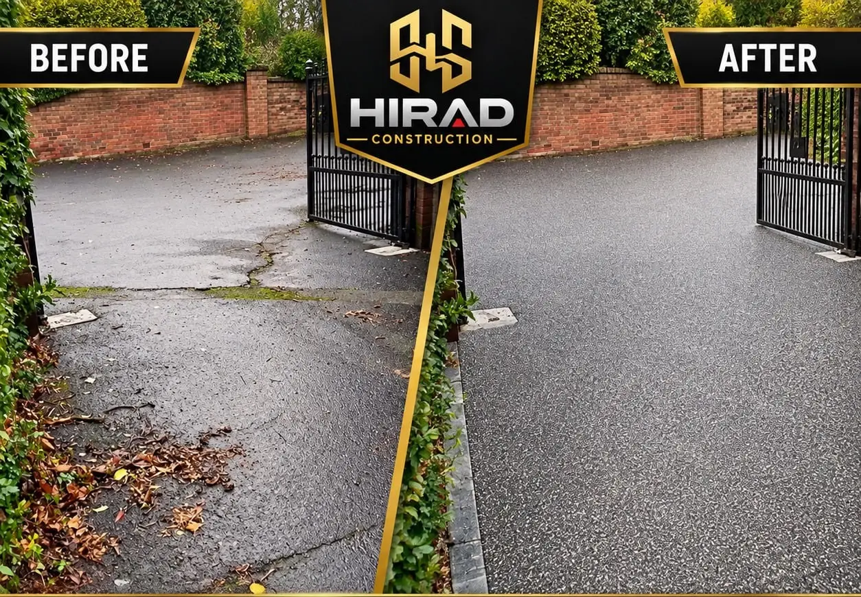 Before and after: a cracked, leaf-covered gated driveway, then a smooth new resin surface