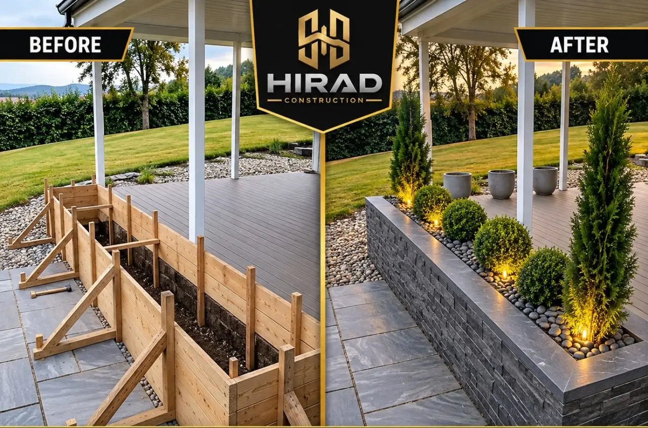Before and after: timber formwork along a covered deck, then a finished stone-clad planter wall with shrubs and lighting