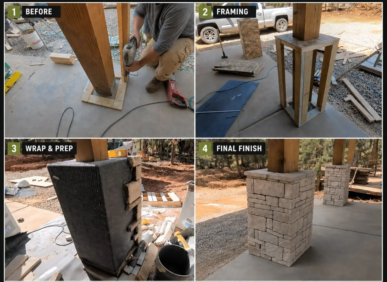 Four steps of a porch post renovation: cutting the base, framing around the post, wrapping and preparing, and the finished stone-clad column