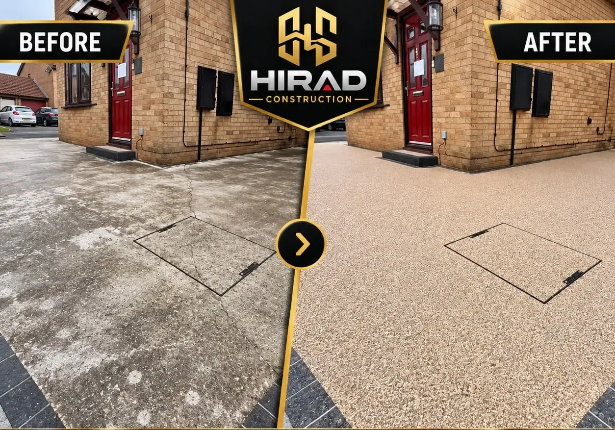 Before and after: a stained concrete driveway beside a brick house, then a new resin-bound surface