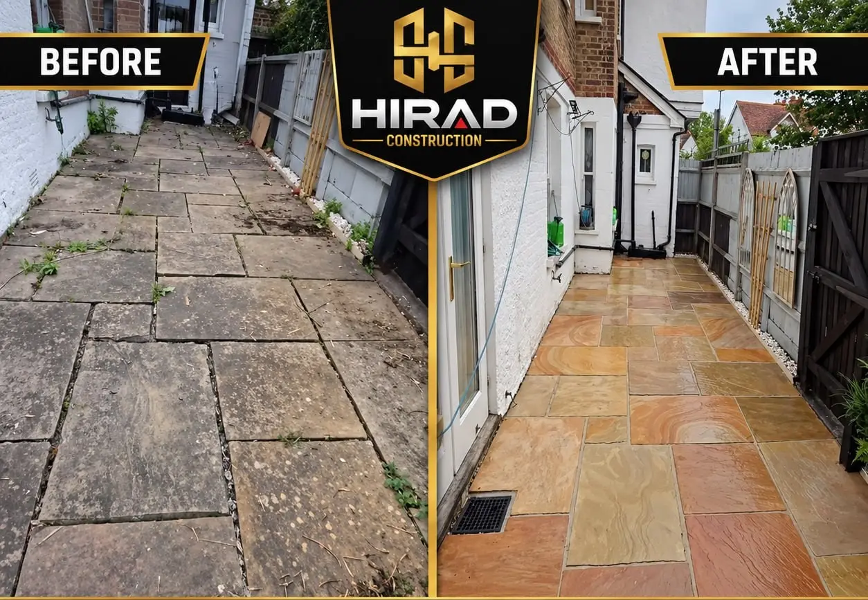 Before and after: worn, uneven paving slabs in a side yard, then new sandstone paving along the house