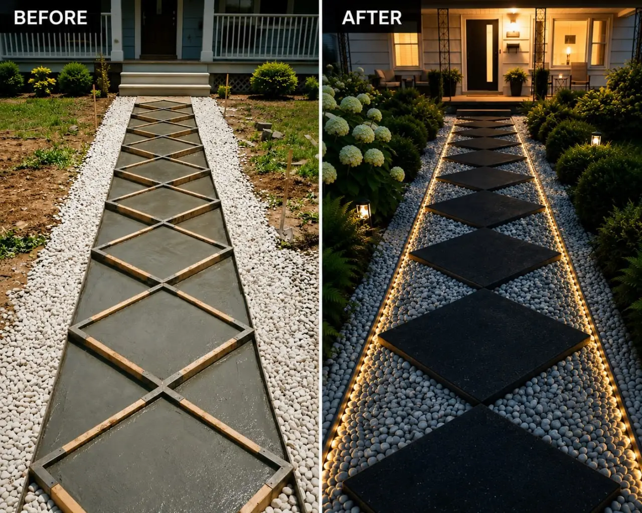 Before and after: a front walkway formed with timber and white gravel, then finished dark stepping stones with lighting