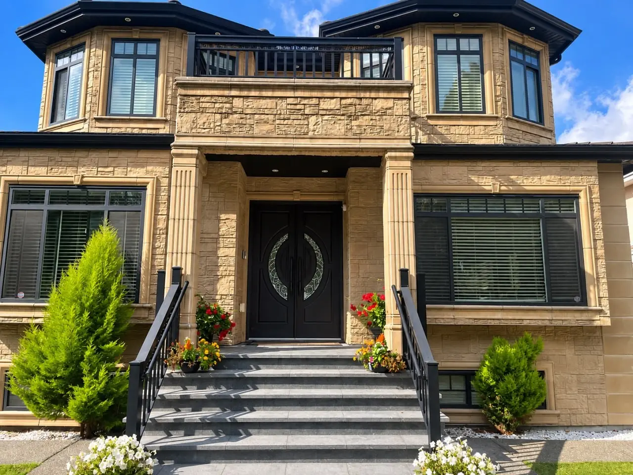 Two-storey house with a stone facade, double front doors, front steps with black railings and landscaped beds